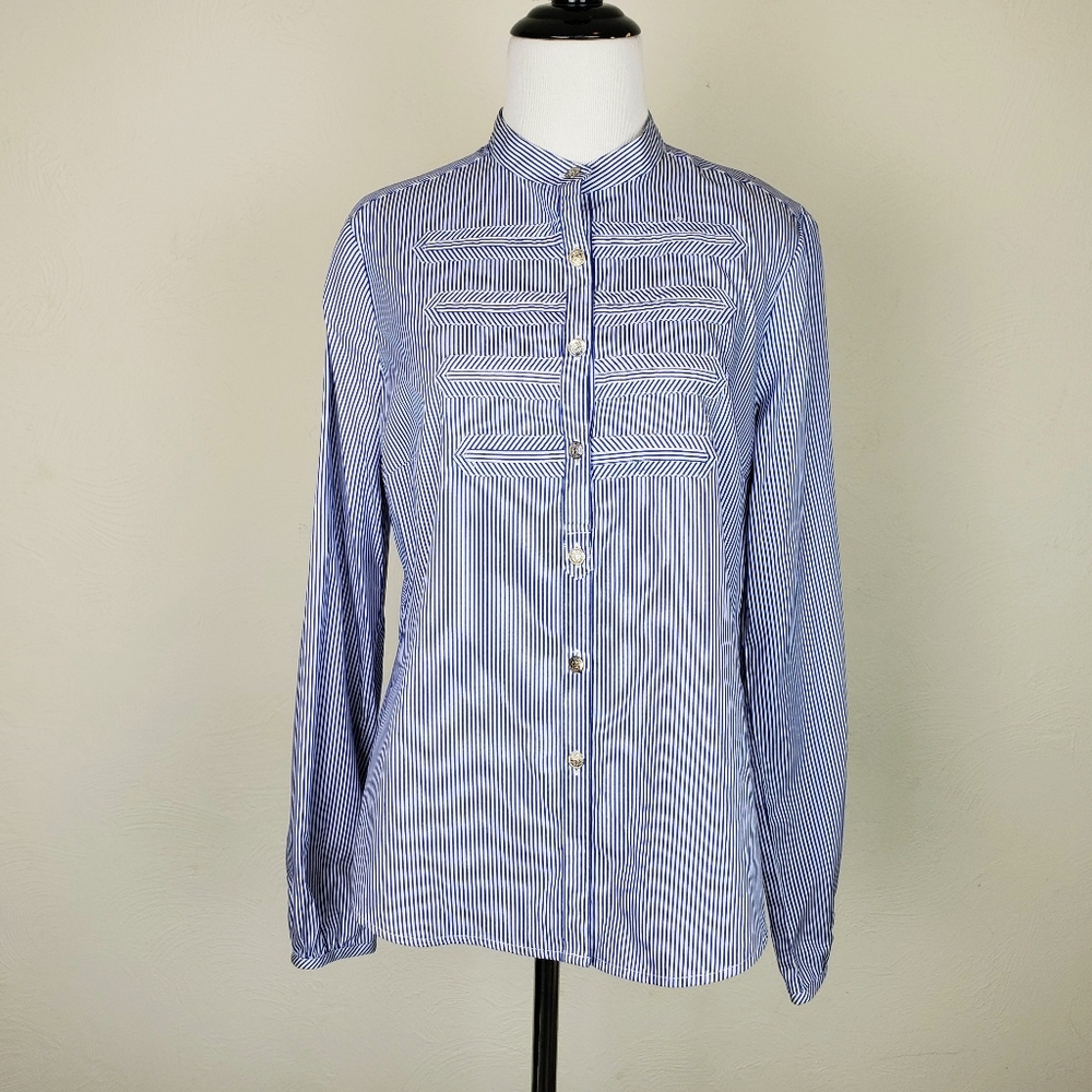 Faconnable Shirt Blouse Stripe Military Style Blue Preppy Designer France